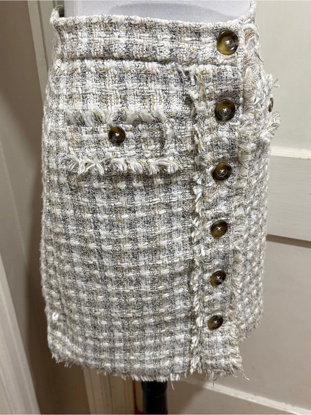 Ann Taylor Bouclé Cream Button-Front Mini Skirt